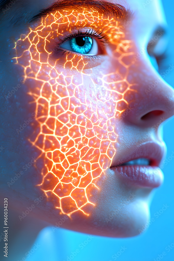 Poster close up detail of woman face with digital glowing artificial skin, science