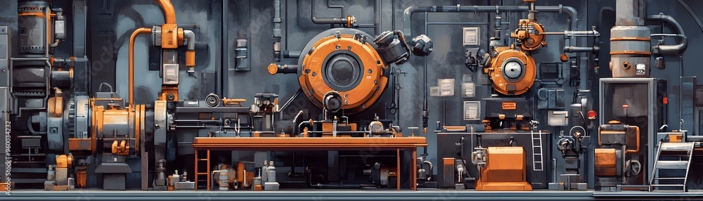 Poster intricate industrial machinery setup with gears, pipes, and mechanical components displaying detaile