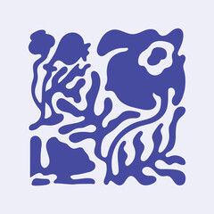 Stylized floral pattern on card. Twisted shape branch of abstract plants. Blue silhouettes of flowers Matisse. Print of curved blossoms, leaves shadows. Wall art, decor. Flat vector illustration