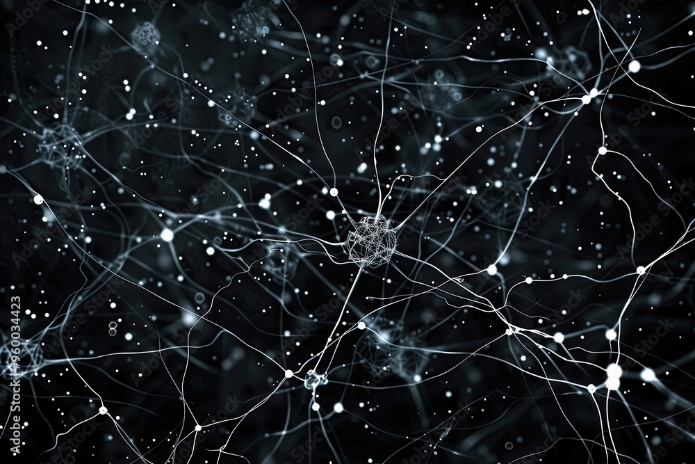 Poster abstract neural network: glowing connections in a black void