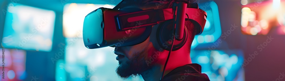 Poster man immersed in virtual reality using a vr headset and headphones, experiencing digital entertainmen