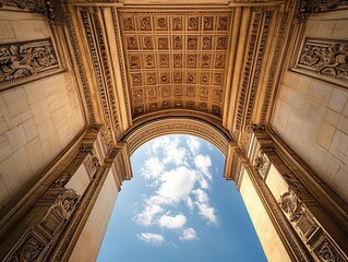 A low-angle perspective of a grand archway, showcasing the detailed carvings and architectural symmetry as it stretches toward the sky