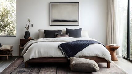 Tranquil and Elegant Modern Bedroom Interior with Clean Lines Soft Textures and Soothing Decor Accents for a Peaceful Retreat
