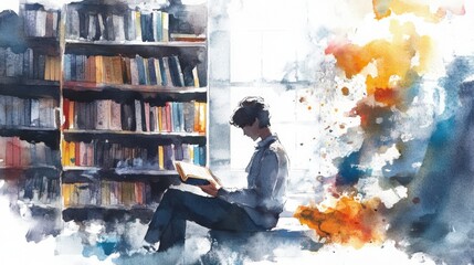 Watercolor Painting of Person Reading in Library. National Authors Day