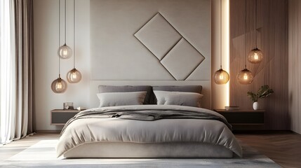 A modern and sophisticated bedroom featuring a neutral color palette a geometric headboard and stylish pendant lighting creating a serene and inviting atmosphere