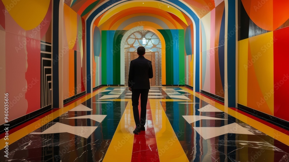 Aufkleber a man in a dark suit walks through a colorful hallway adorned with rainbow arches and geometric patt
