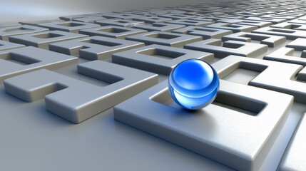A blue ball is placed in the middle of a maze. The maze is made of squares and the ball is the only object in the scene