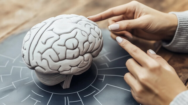 A woman is pointing at a brain model on a table. The brain model is white and has a greyish color