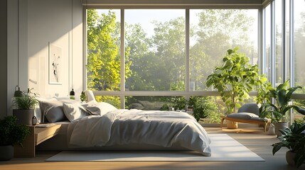 Serene and Sophisticated Modern Bedroom with Expansive Windows Offering Abundant Natural Light and a Calming Elegant Ambiance