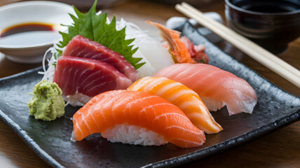 A plate of sushi sashimi with thinly sliced fresh fish like salmon, tuna, and yellowtail, garnished with shredded daikon and served with soy sauce and wasabi.