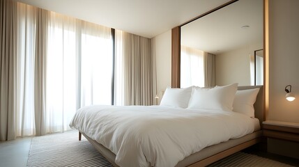 Obraz premium A photograph showcasing a modern minimalist bedroom interior with a simple bed a large wall mirror and floor to ceiling drapes creating a serene and sophisticated ambiance The clean