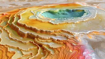 Aerial View Colorful Hot Spring Vivid Terraces, Geothermal Landscapes, Natural Abstract Patterns