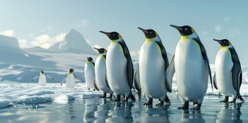 Fototapeta premium View of a penguin colony on ice flat design front view polar life theme 3D render vivid