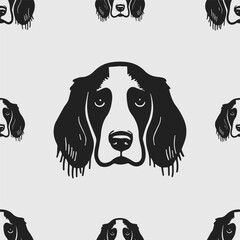 Seamless vector pattern with cute draw english springer spaniel dogs and dog food., paws. Simple doodle style.	