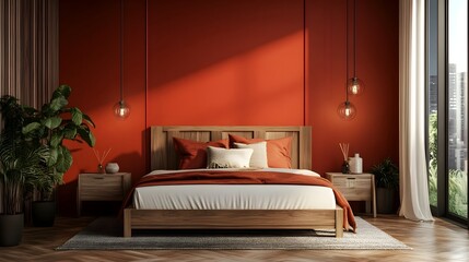 Elegant and Cozy Modern Bedroom Design with Bold Accent Wall Sleek Lighting Fixtures and Minimalist Decor for a Relaxing and Serene Living Space