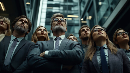 Obraz premium A group of business professionals in formal attire standing outdoors in an urban setting looking up, possibly at a skyscraper or an innovation. They appear contemplative and resolute.