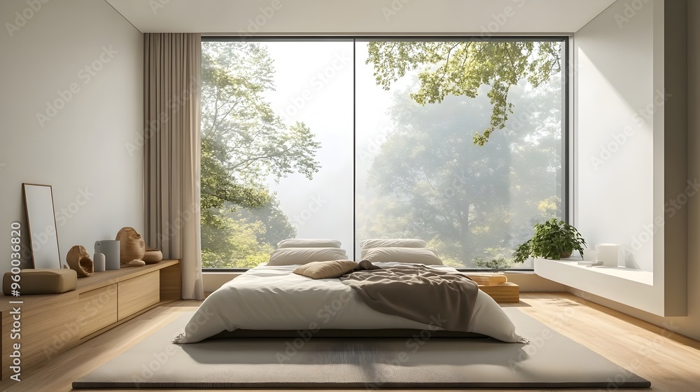 Poster serene and minimalist bedroom with large window overlooking a tranquil setting and neutral color pal
