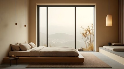 Obraz premium Minimalist and Serene Bedroom Interior with a Centered Bed Framed by a Large Window Showcasing a Neutral Color Palette and Elegant Calming Decor Elements