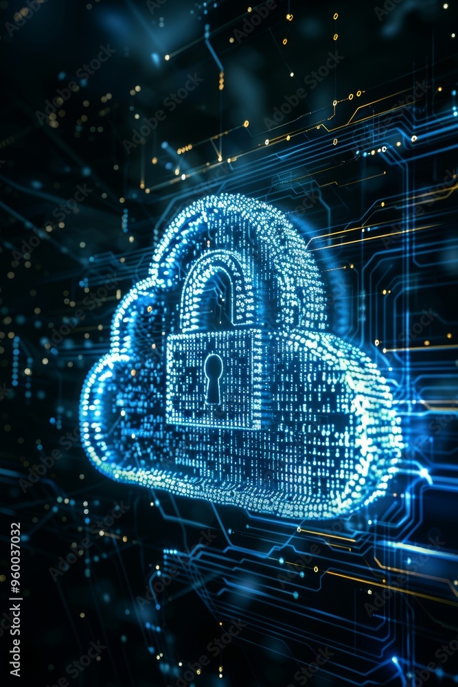 Aufkleber blue glowing cloud computing security concept with padlock symbol on circuit board background
