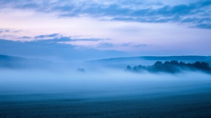 Obraz premium Smoke drifts across a foggy field, creating a serene and mystical landscape in the early morning hours