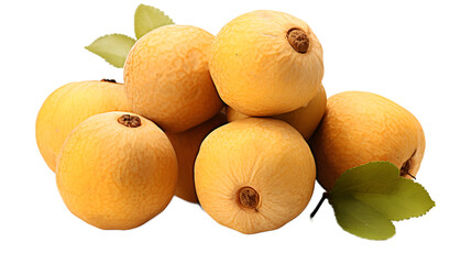a group of yellow fruit with green leaves. 