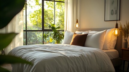 Serene and Stylish Modern Bedroom with Captivating Window View and Elegant Furnishings