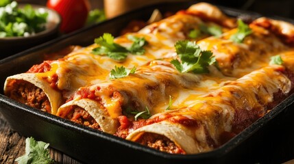 Enchiladas, corn tortillas filled with cheese, meat, and sauce.