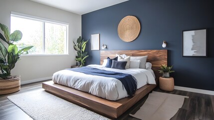 Serene and Sophisticated Modern Bedroom with a Deeply Colored Accent Wall and Minimalist Contemporary Decor Elements for a Calming Relaxing Ambiance