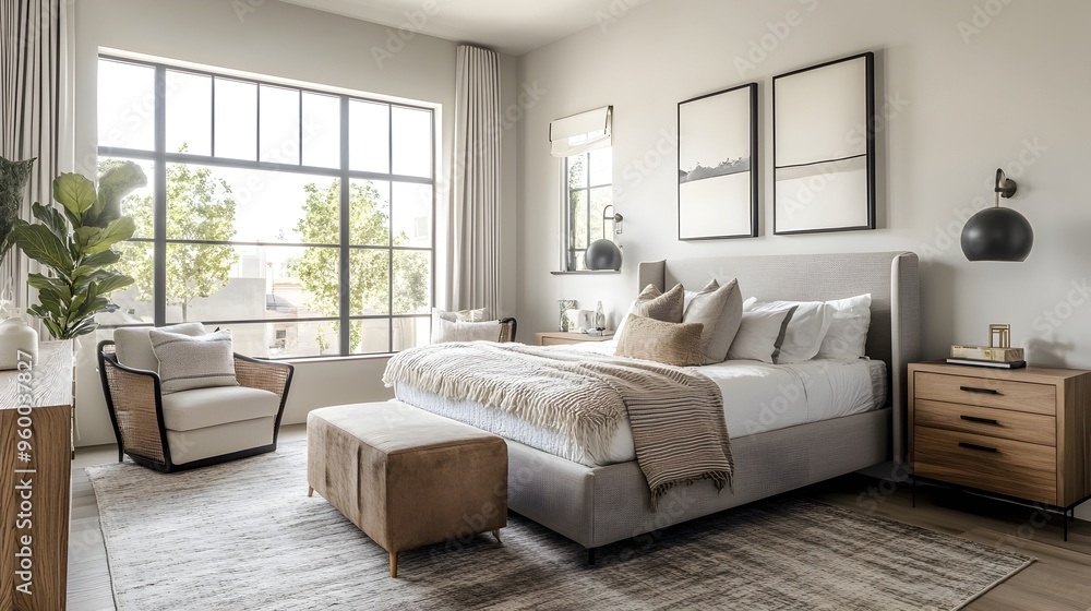 Poster a modern and minimalist bedroom featuring a neutral color palette clean lines and sophisticated furn