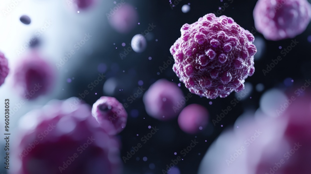 Poster a detailed macro image showcasing multiple purple virus particles floating in a dark, nebulous envir
