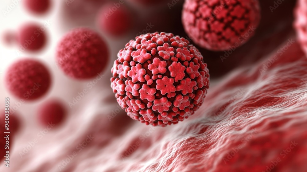 Poster detailed red virus particle positioned on a textured surface. the image emphasizes the intricate str