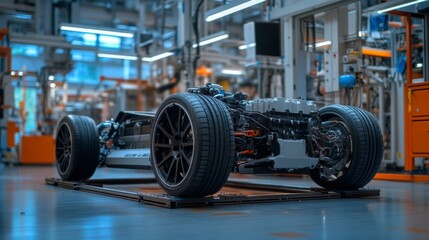 Fototapeta premium Modern Electric Car Chassis on Assembly Line