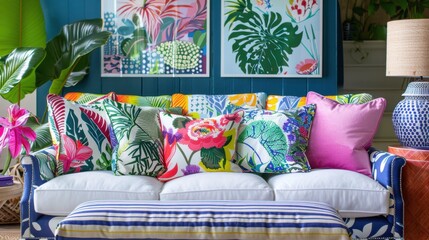 Vibrant Tropical Themed Living Room with Colorful Cushions