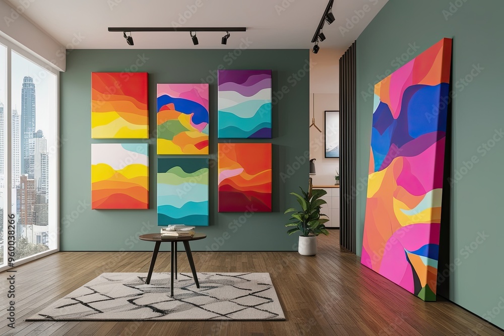 Poster vibrant canvas art showcase in contemporary creative workspace with a3 format 3d rendering