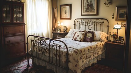Cozy and Elegant Vintage Bedroom Interior with Wrought Iron Bed Frame Floral Bedding and Antique Wooden Furniture Pieces Creating a Warm and Inviting Atmosphere