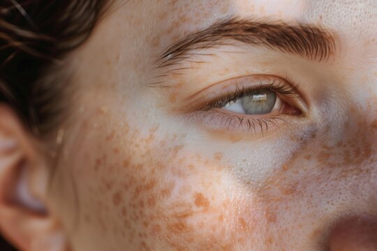Face skin with pigmentation stains, closeup photo