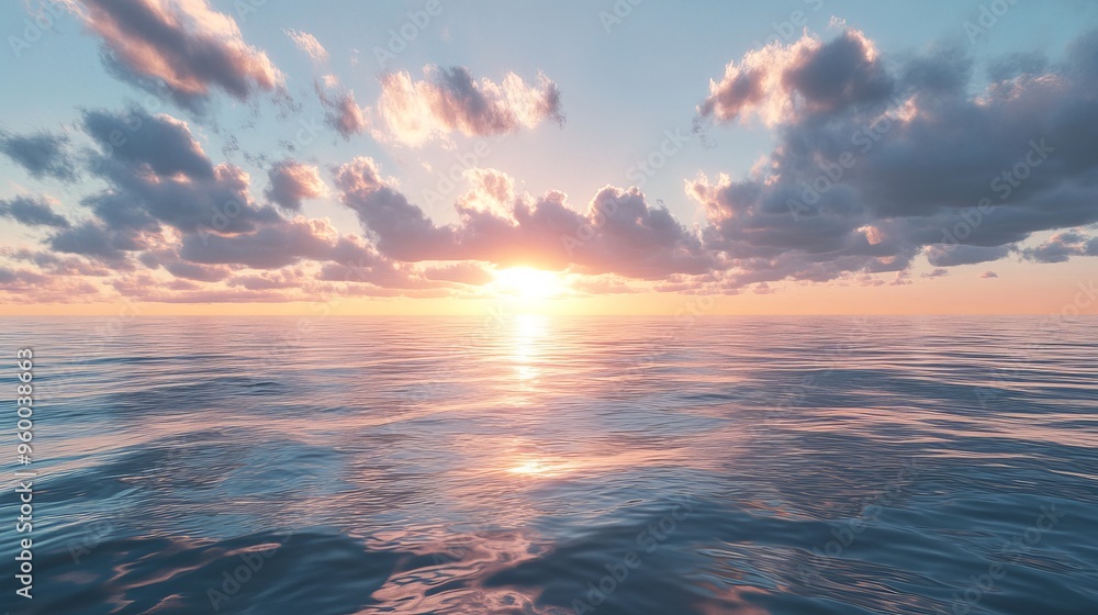 Poster visualize a serene ocean under a sky with scattered, fluffy clouds, the gentle waves reflecting the 
