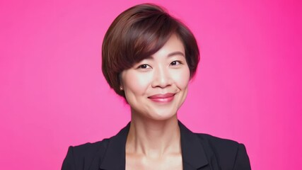 Portrait of a young stylish Asian businesswoman over pink background. A trailblazer in her field, her fashion choices reflect her bold approach to life and work.