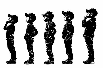 silhouette of a young boy, multiple poses and expressions, isolated, illustration