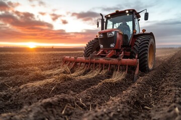 Obraz premium A tractor plows the soil in a field at dawn, with the golden rays of the sun casting a warm glow over the entire scene, illustrating the early start of a farmer's hard work day.