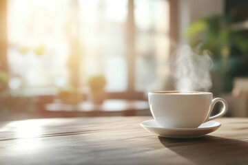 Steaming coffee cup on sunny table