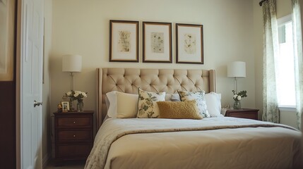 Serene and Elegant Vintage Bedroom Sanctuary with Upholstered Bed Muted Artwork and Soft Calming Colors