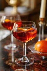 Elegant Crystal Glasses with Amber Cocktail on Marble Surface. Boulevardier Spritz