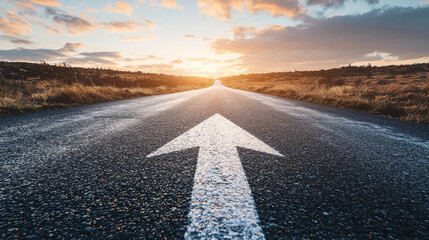 Naklejka premium A straight road with a bold white arrow pointing forward, leading into a scenic sunset, symbolizing direction and journey. 