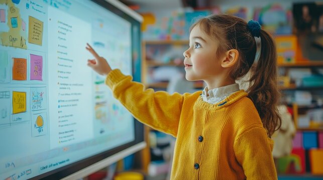 Young girl using interactive whiteboard in classroom