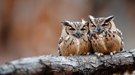A pair of spotted owls perched on a branch, highlighting their natural habitat. The background's blurred effect underscores the focus on these intelligent birds.