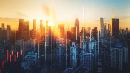 Dazzling Urban Sunset over City Skyline with Economic Growth Graph