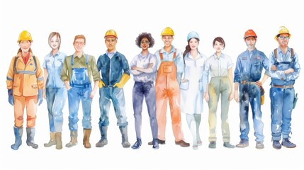 Fototapeta premium Diverse Group of Workers in Uniforms Watercolor Illustration. Labor Day