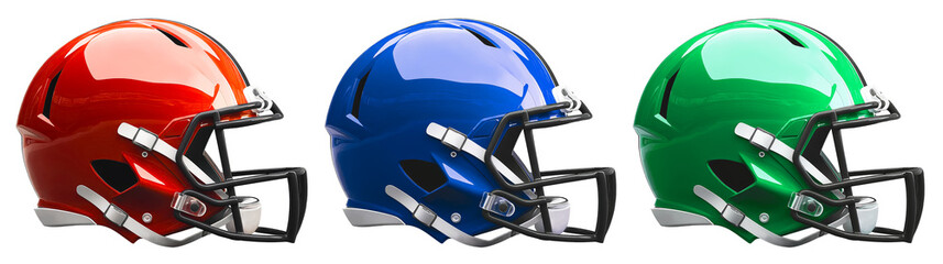 Three realistic American football helmets in red, blue and green