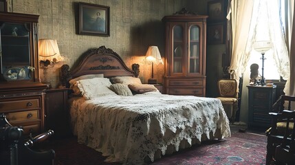 Cozy and inviting vintage bedroom with a lace draped bed antique wooden furniture and soft ambient lighting creating a peaceful timeless atmosphere